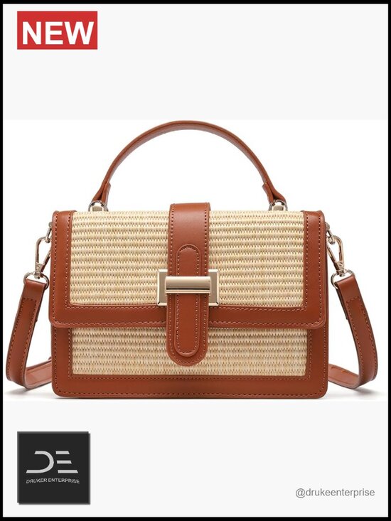 Handbags - Straw Crossbody Bag, Vegan Leather Patchwork Summer Purse with Top Handle,